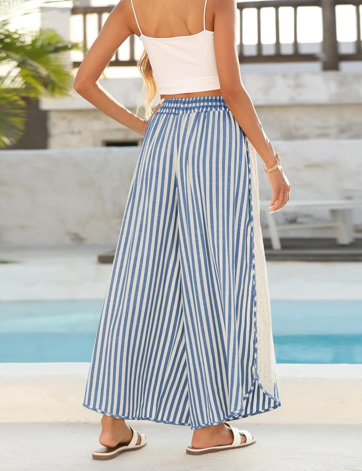 Athlisan Womens Summer Casual Loose Striped Wide Leg Lounge Pants Elastic Waist Palazzo Trousers