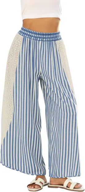 Athlisan Womens Summer Casual Loose Striped Wide Leg Lounge Pants Elastic Waist Palazzo Trousers