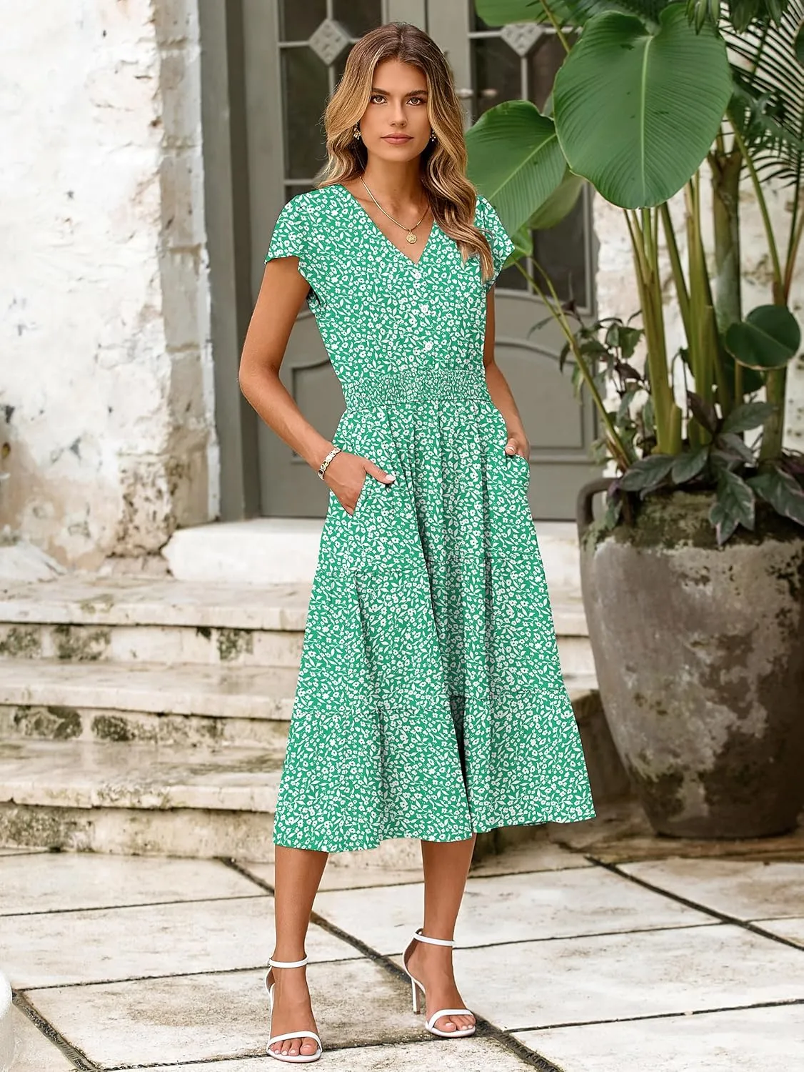BerryGo Women's Floral Boho Ruffle Summer Midi Dress Short Sleeve V Neck Empire Waist Swing Flowy Dress