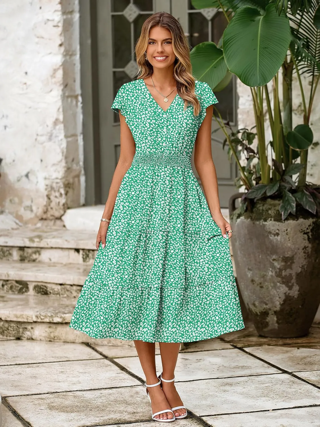 BerryGo Women's Floral Boho Ruffle Summer Midi Dress Short Sleeve V Neck Empire Waist Swing Flowy Dress