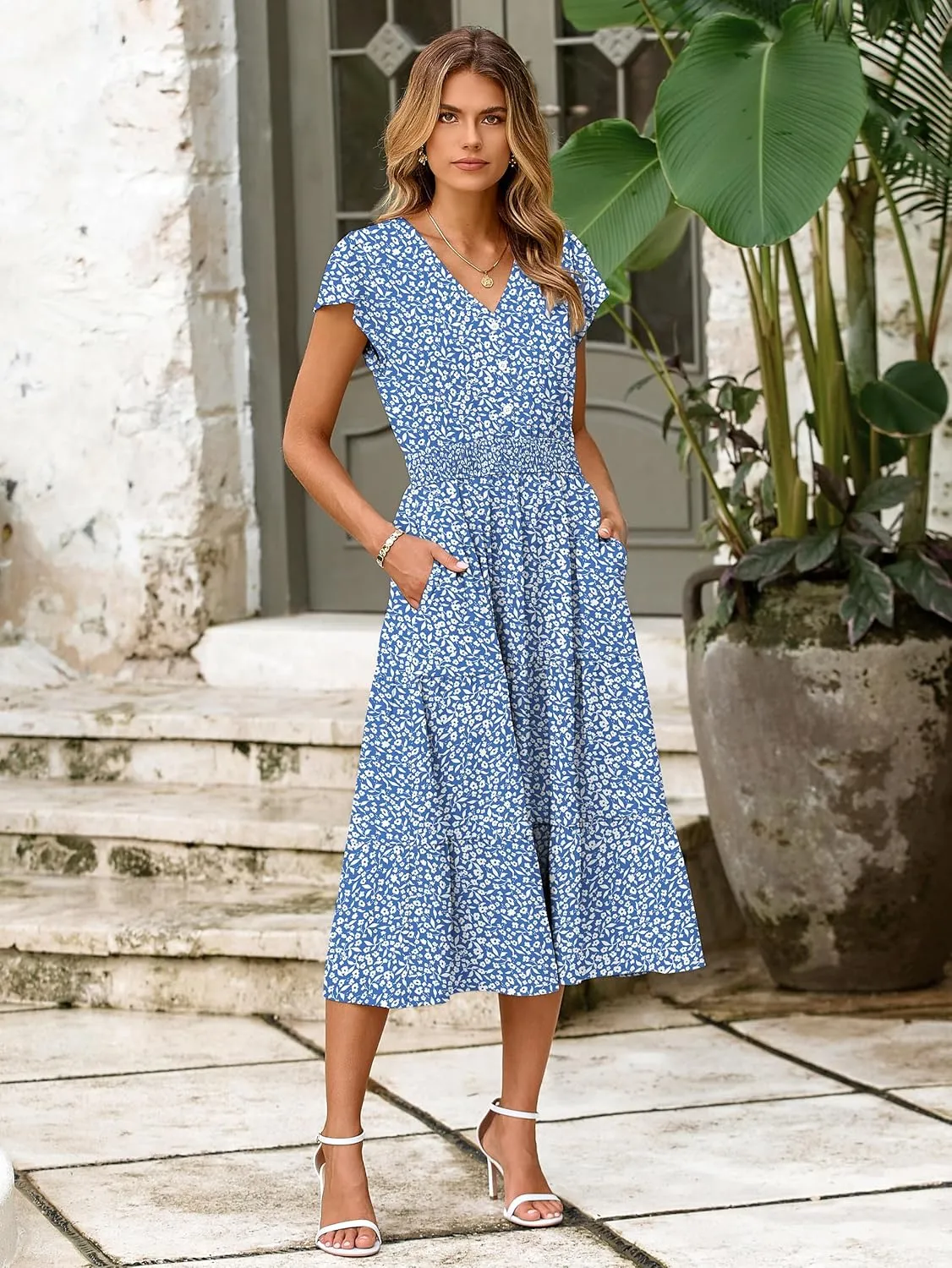 BerryGo Women's Floral Boho Ruffle Summer Midi Dress Short Sleeve V Neck Empire Waist Swing Flowy Dress