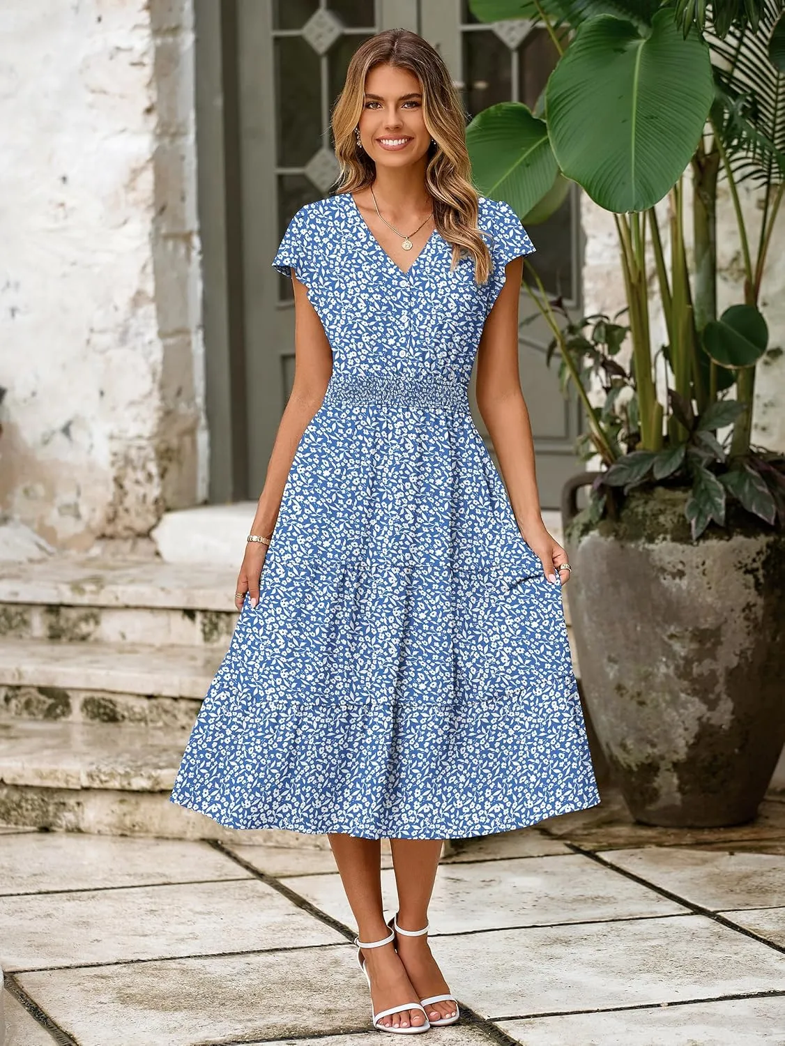 BerryGo Women's Floral Boho Ruffle Summer Midi Dress Short Sleeve V Neck Empire Waist Swing Flowy Dress