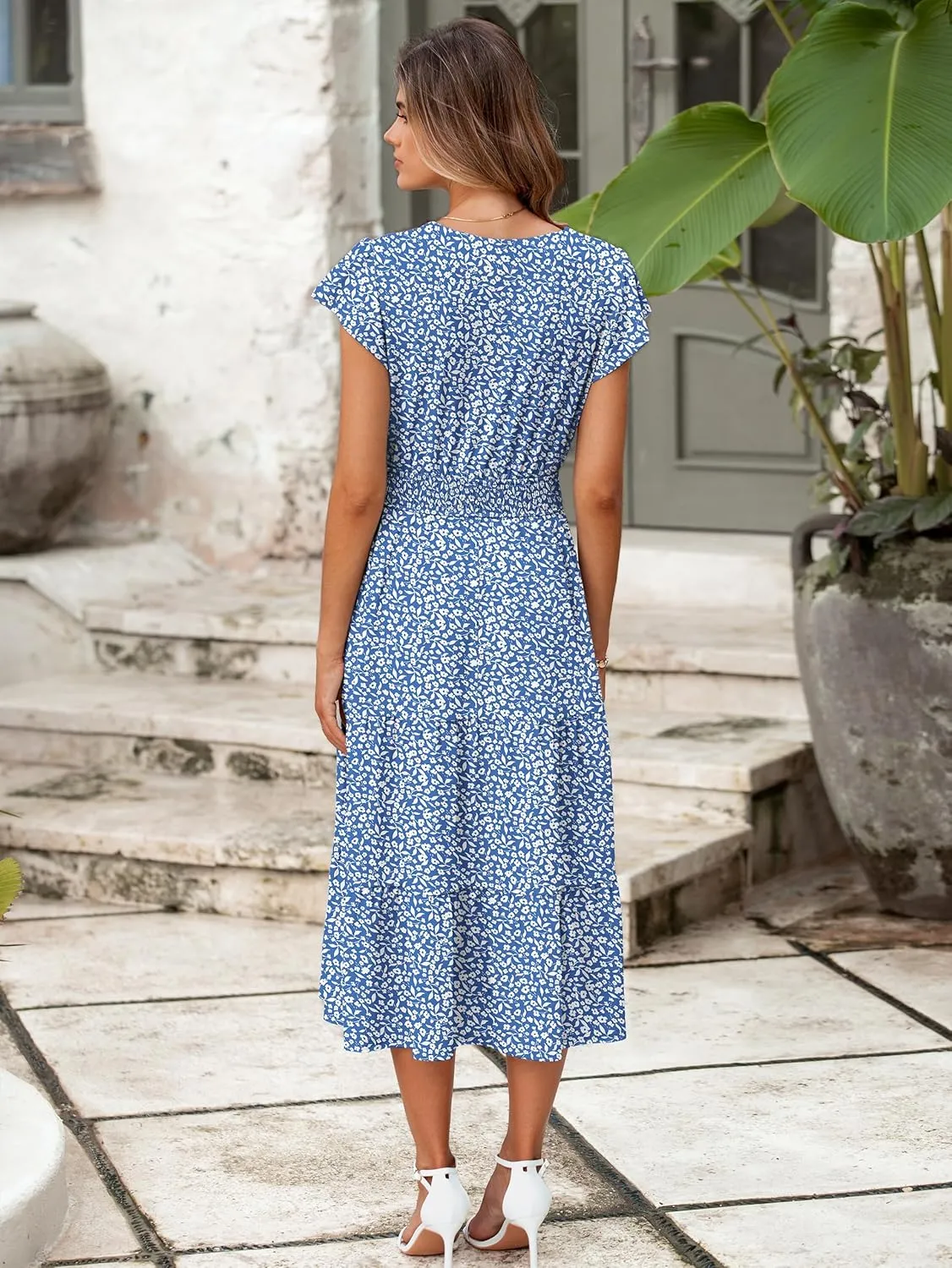 BerryGo Women's Floral Boho Ruffle Summer Midi Dress Short Sleeve V Neck Empire Waist Swing Flowy Dress