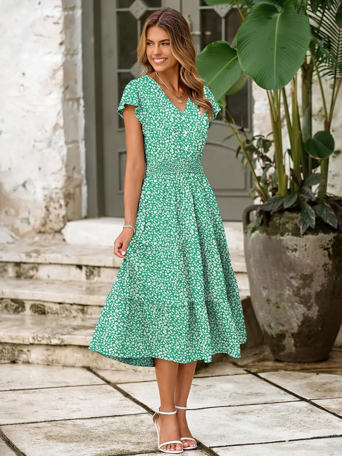 BerryGo Women's Floral Boho Ruffle Summer Midi Dress Short Sleeve V Neck Empire Waist Swing Flowy Dress