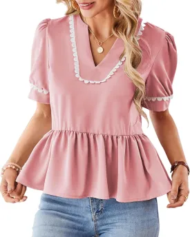 Cakulo Peplum Tops for Women 2025 Babydoll Summer Short Puff Sleeve V Neck Flowy Ladies Top Blouses