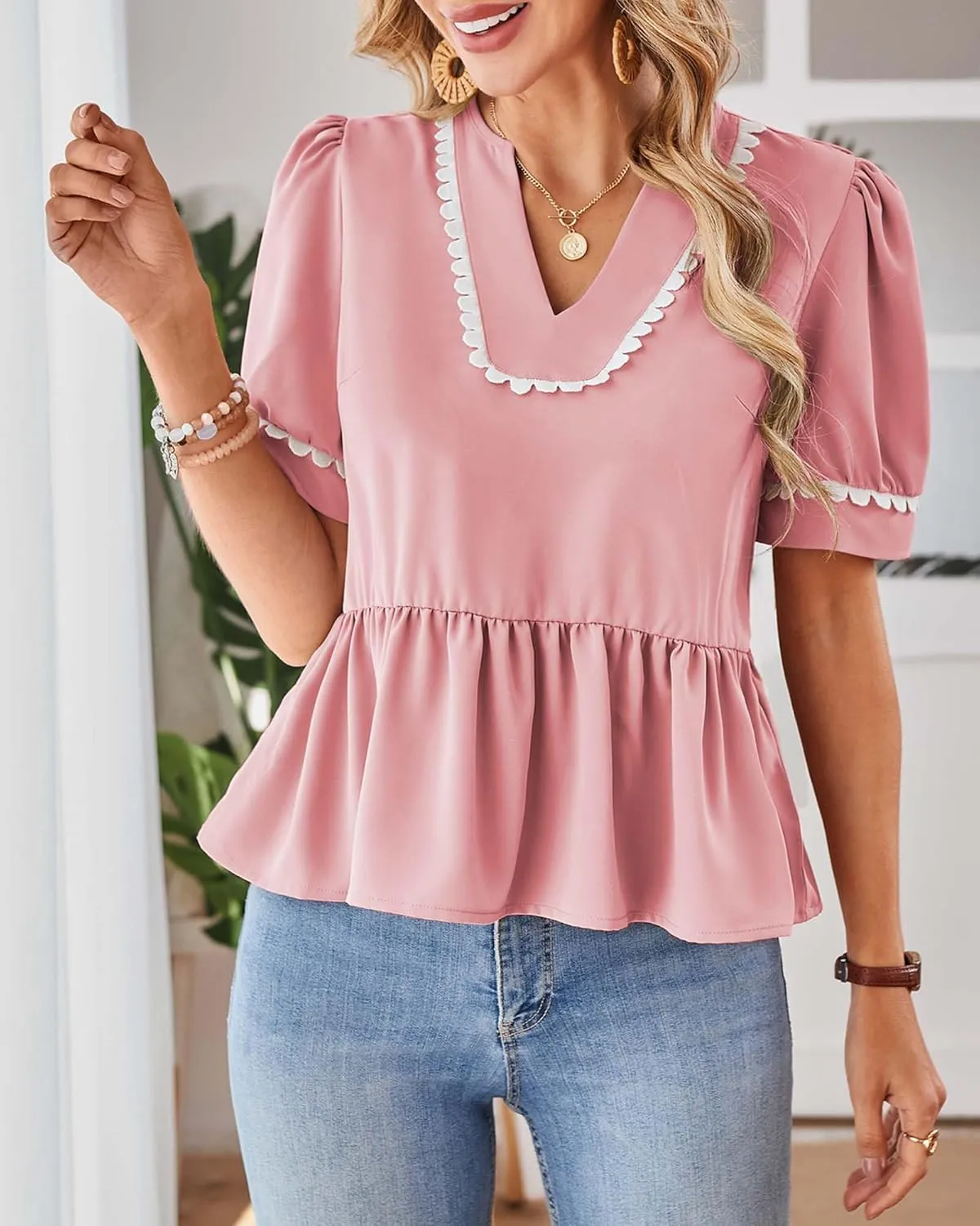 Cakulo Peplum Tops for Women 2025 Babydoll Summer Short Puff Sleeve V Neck Flowy Ladies Top Blouses