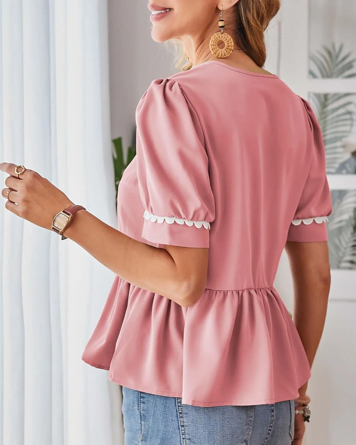 Cakulo Peplum Tops for Women 2025 Babydoll Summer Short Puff Sleeve V Neck Flowy Ladies Top Blouses