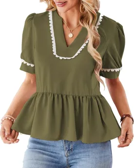Cakulo Peplum Tops for Women 2025 Babydoll Summer Short Puff Sleeve V Neck Flowy Ladies Top Blouses
