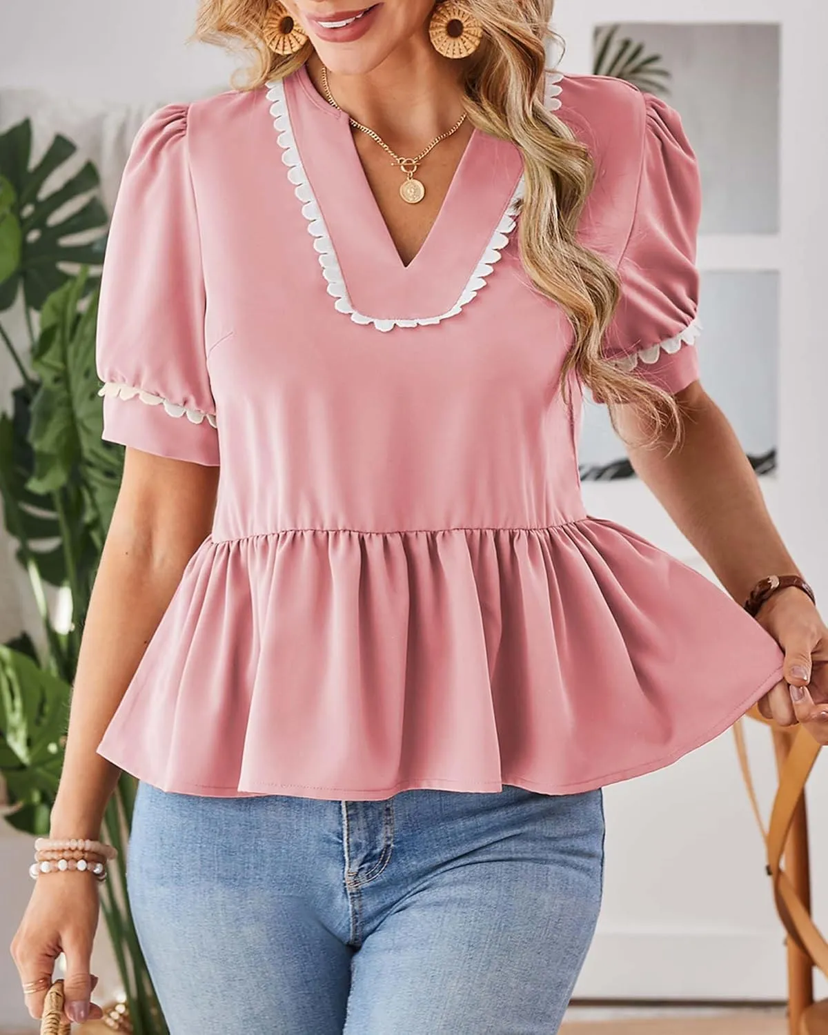 Cakulo Peplum Tops for Women 2025 Babydoll Summer Short Puff Sleeve V Neck Flowy Ladies Top Blouses