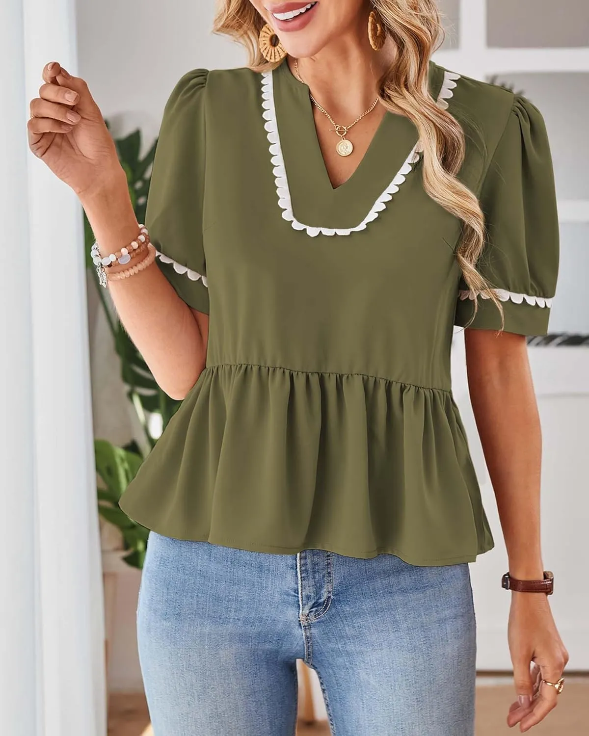 Cakulo Peplum Tops for Women 2025 Babydoll Summer Short Puff Sleeve V Neck Flowy Ladies Top Blouses