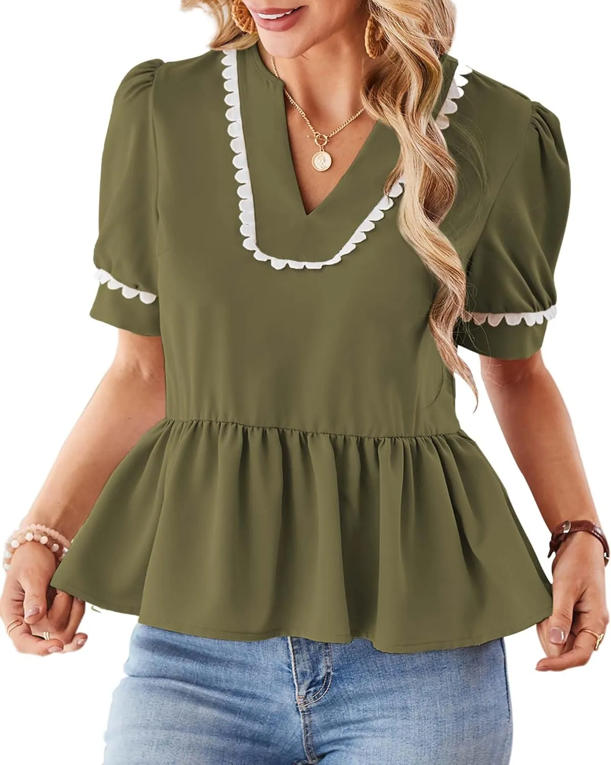 Cakulo Peplum Tops for Women 2025 Babydoll Summer Short Puff Sleeve V Neck Flowy Ladies Top Blouses