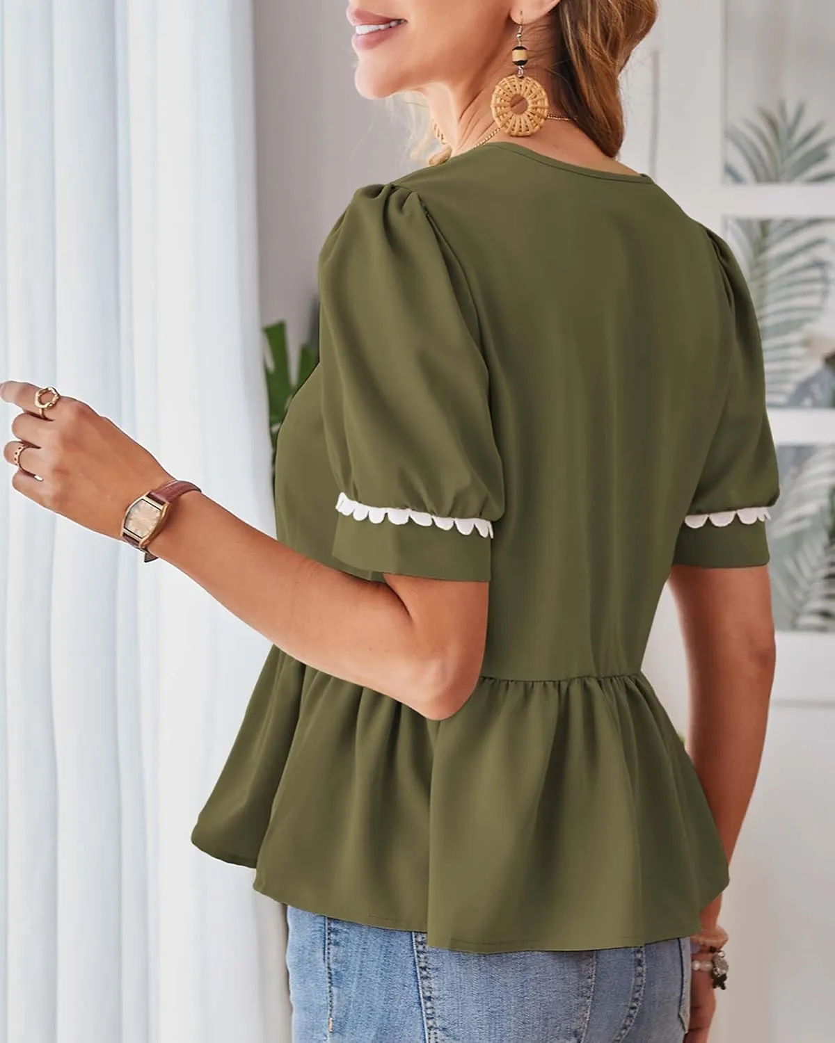 Cakulo Peplum Tops for Women 2025 Babydoll Summer Short Puff Sleeve V Neck Flowy Ladies Top Blouses