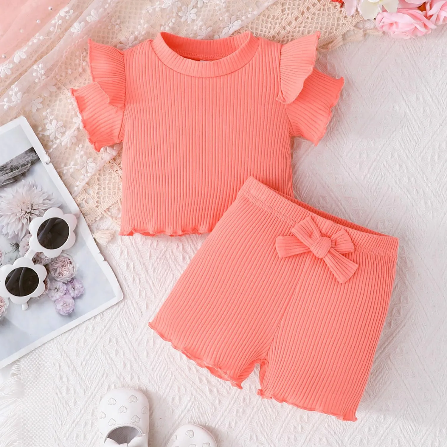 ChuYuKu Toddler Girl Clothes Flutter Sleeve Baby Girls Summer Outfits T-Shirts - Cotton Ruffle Top & Shorts Set 6M - 3T