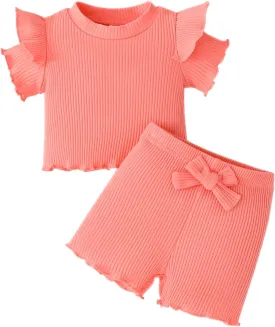 ChuYuKu Toddler Girl Clothes Flutter Sleeve Baby Girls Summer Outfits T-Shirts - Cotton Ruffle Top & Shorts Set 6M - 3T