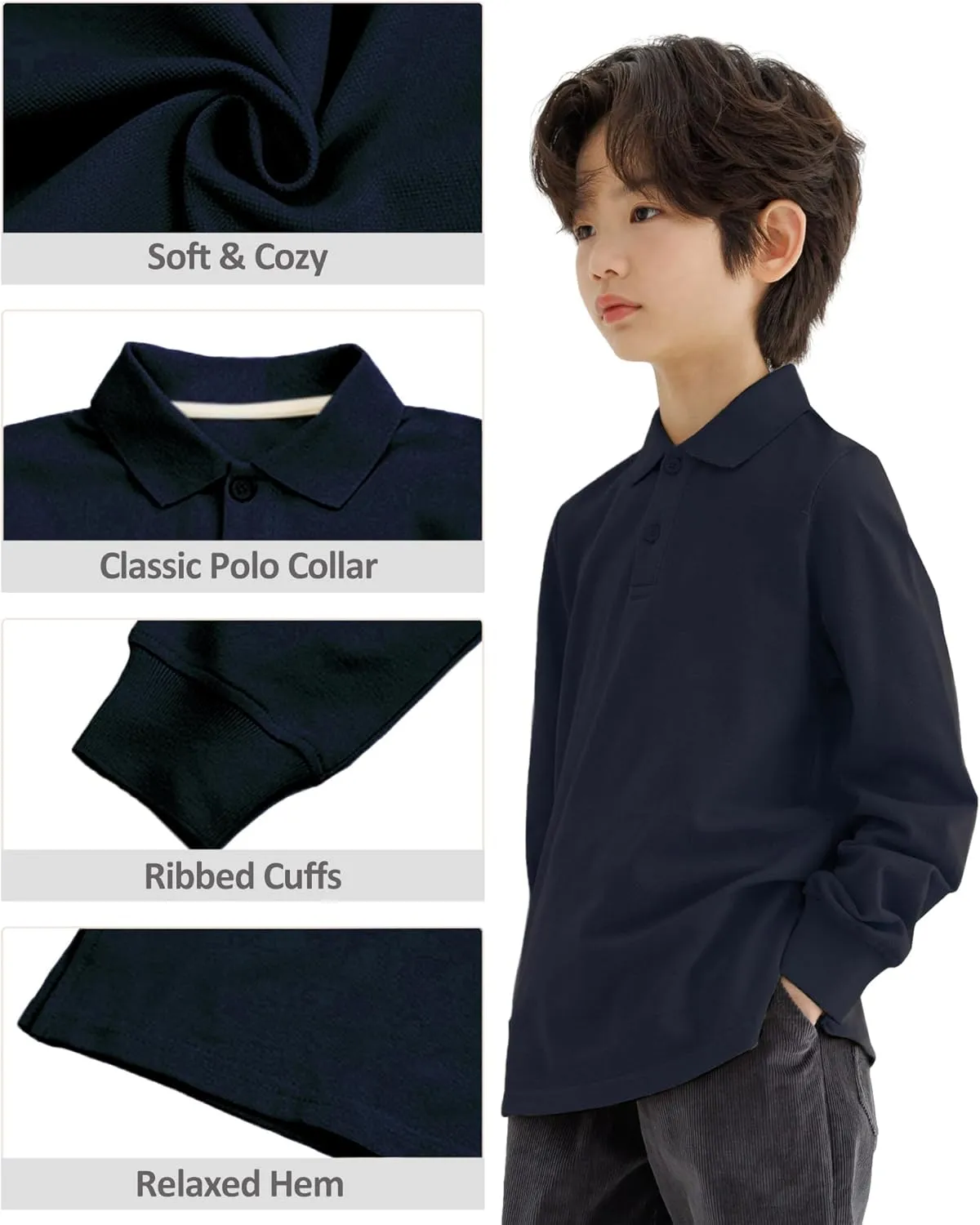 CUNYI Boys Polo Shirt Long Sleeve Cotton School Uniform Shirt Pique Tee Kids Golf Tops