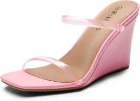 DREAM PAIRS Women's Slides Wedge Sandals Two Strap Square Open Toe Dress Shoes