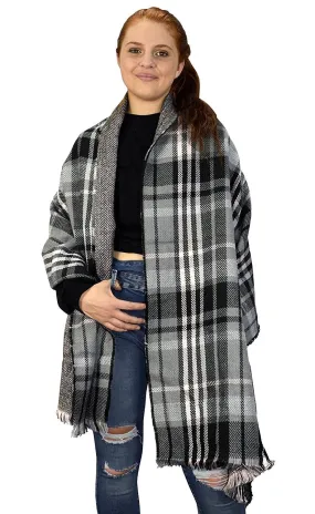 Luxurious Oversized Grey and Black Reversible Plaid Tartan Herringbone Blanket Scarf for Ultimate Warmth and Style