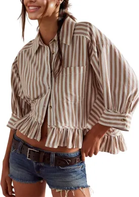 InterNos Womens Striped 3/4 Sleeve Blouse Loose V Neck Button Down Ruffled Hem Vertical Shirt Top with Pocket