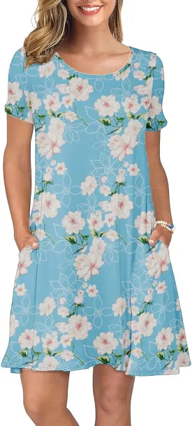 KORSIS Summer Dresses for Women Casual T-Shirt Short Sleeve Dresses Swing Flowy Beach Vacation Sundress with Pockets (S-3XL)