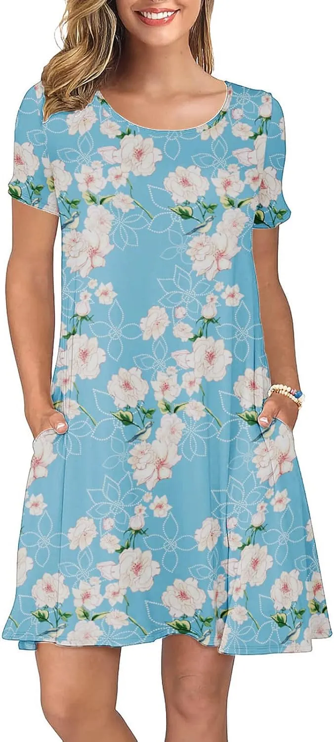KORSIS Summer Dresses for Women Casual T-Shirt Short Sleeve Dresses Swing Flowy Beach Vacation Sundress with Pockets (S-3XL)