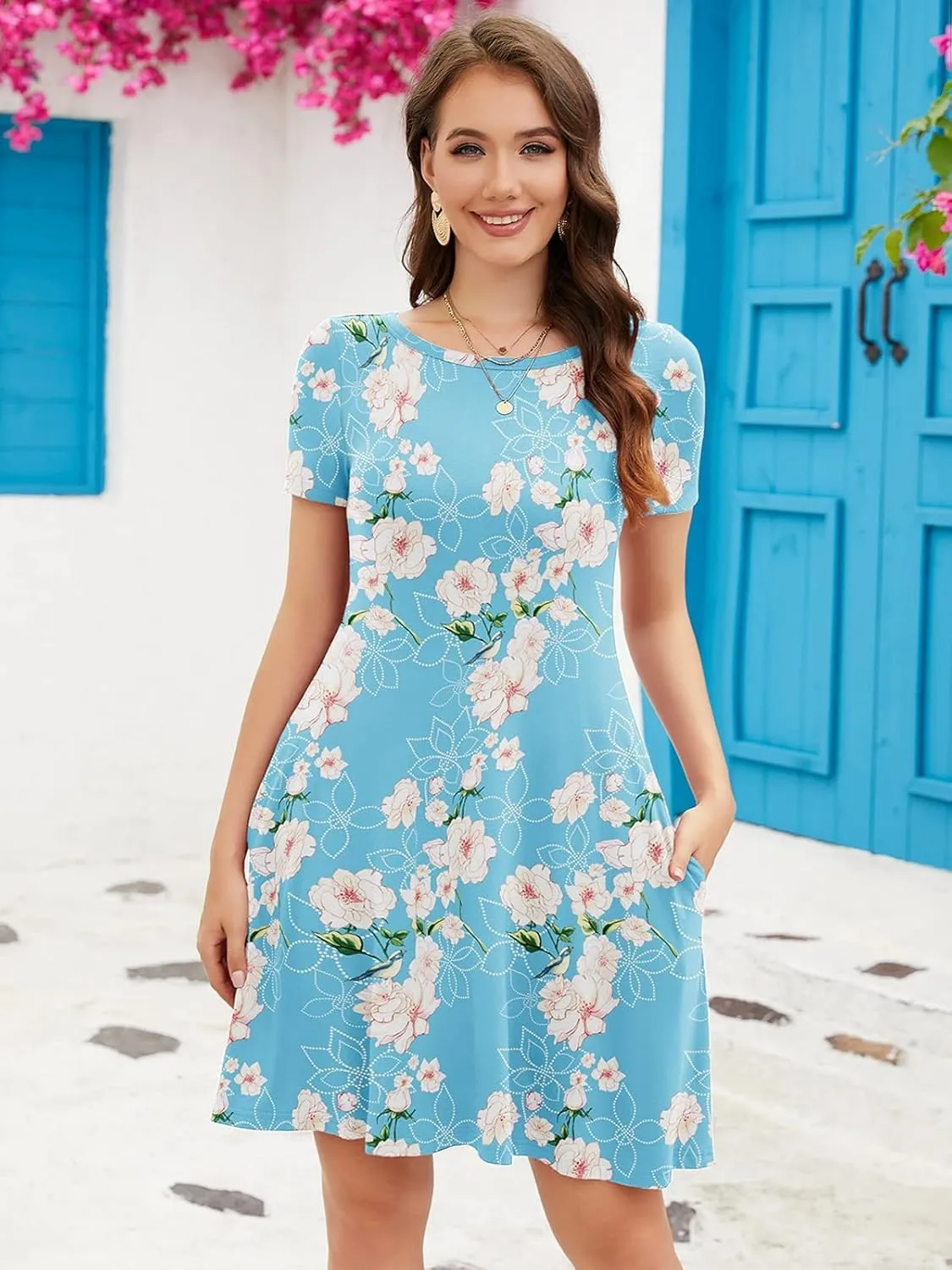 KORSIS Summer Dresses for Women Casual T-Shirt Short Sleeve Dresses Swing Flowy Beach Vacation Sundress with Pockets (S-3XL)