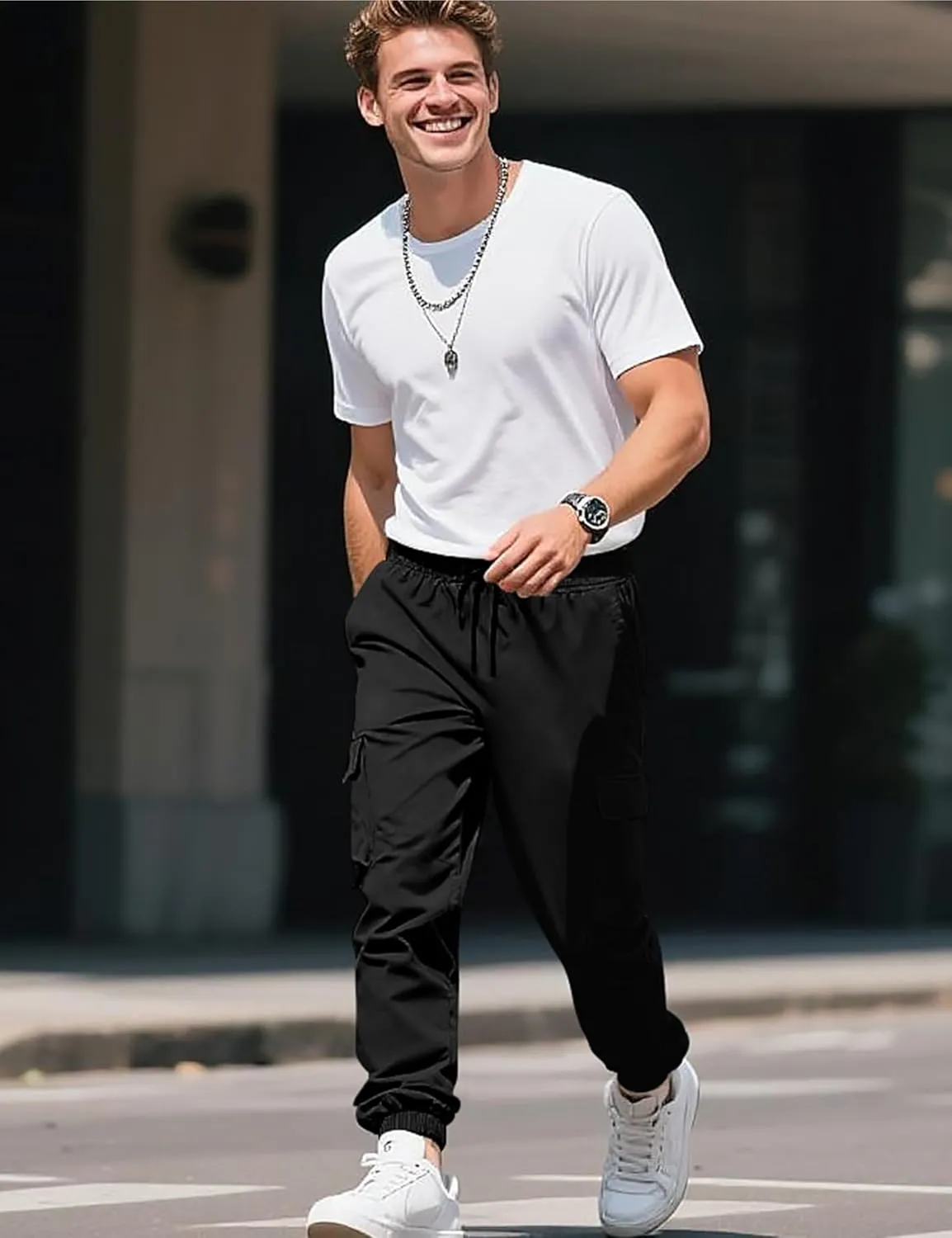 Lzzidou Men's Casual Cargo Jogger Pants Drawstring Waist Lightweight Straight Sweatpants