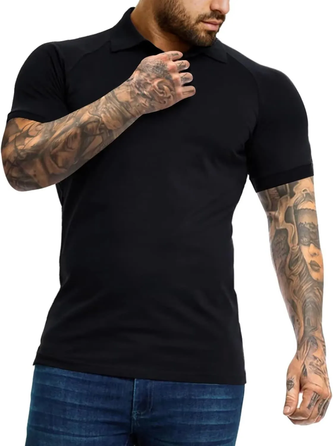 Men's Polo Shirts Short Sleeve Golf Shirts Casual Polo Muscle Athletic Fit Stretch Workout Collared Shirt
