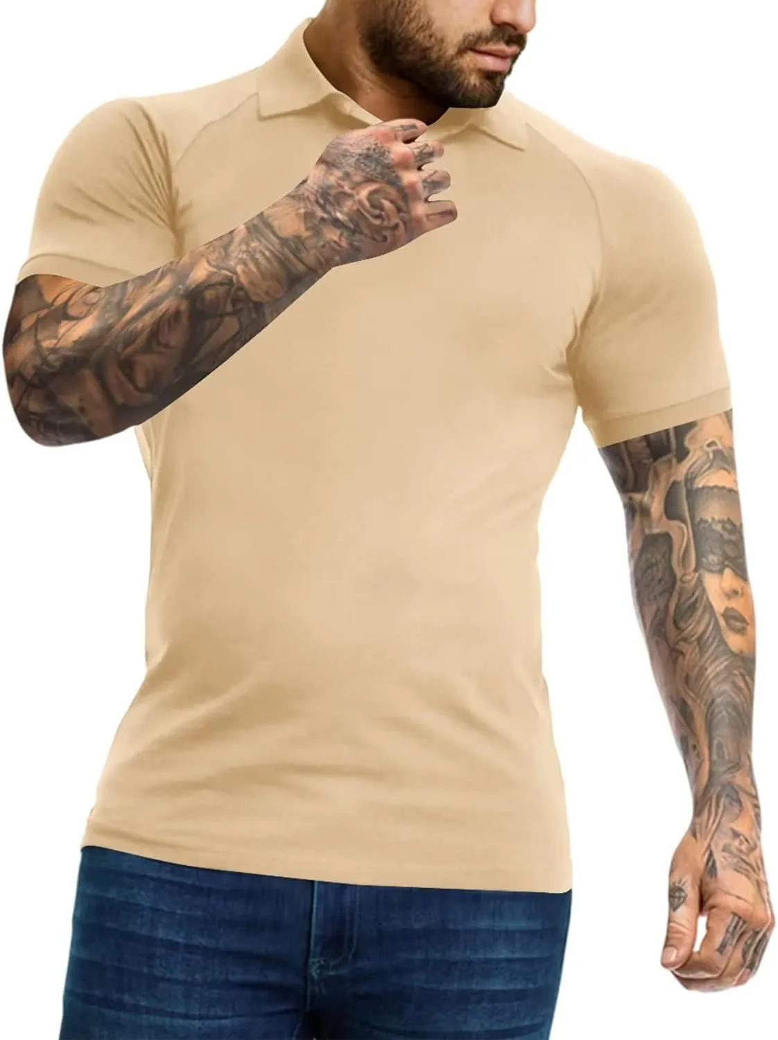 Men's Polo Shirts Short Sleeve Golf Shirts Casual Polo Muscle Athletic Fit Stretch Workout Collared Shirt