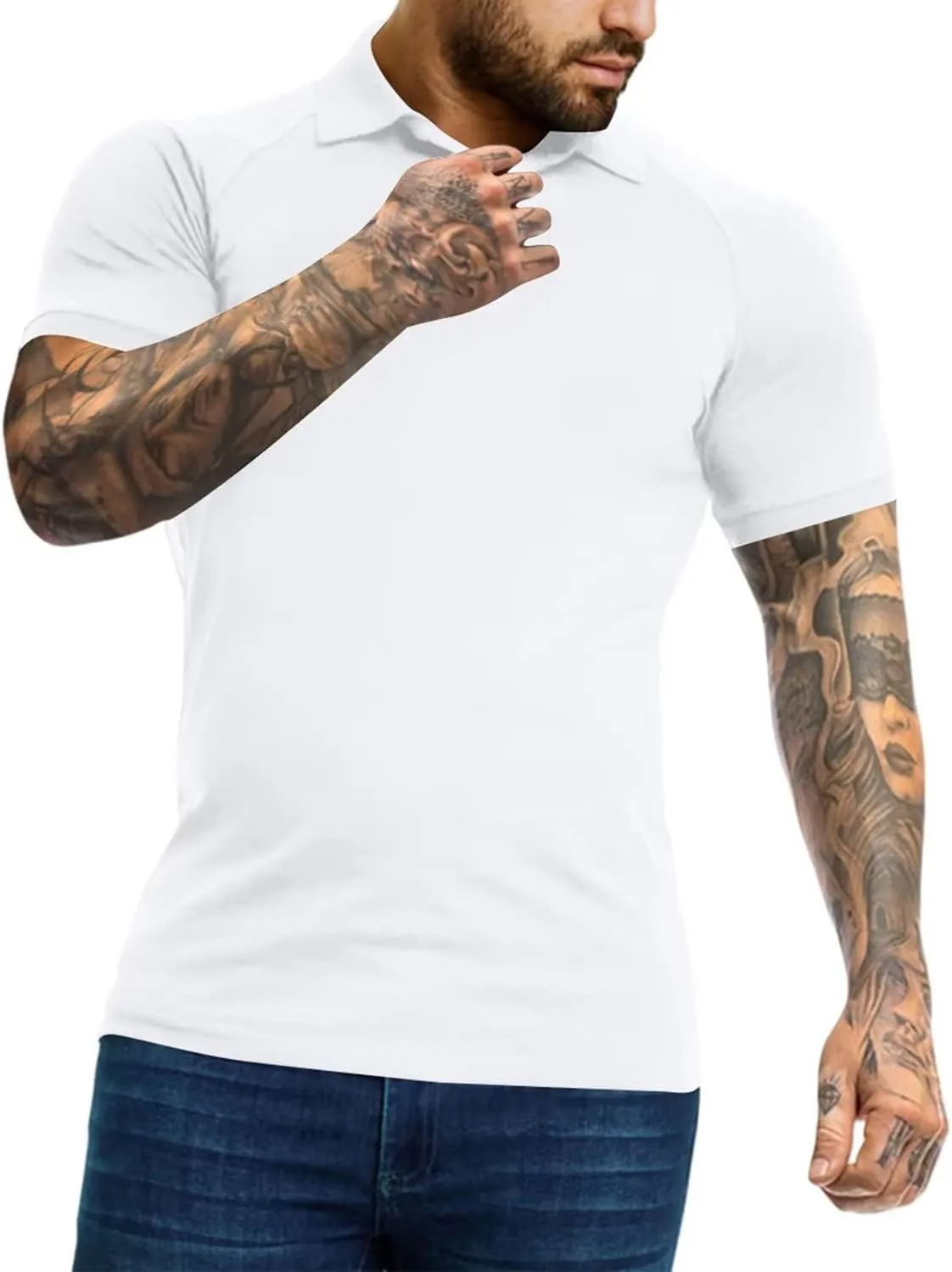 Men's Polo Shirts Short Sleeve Golf Shirts Casual Polo Muscle Athletic Fit Stretch Workout Collared Shirt