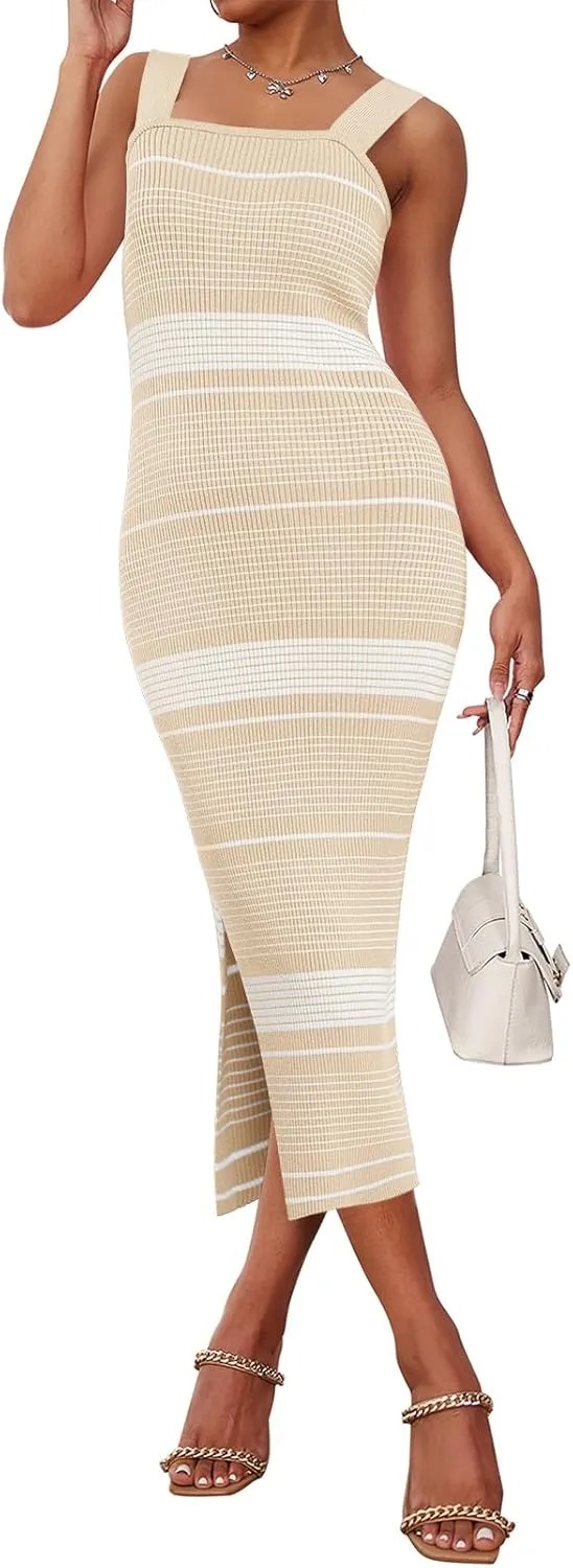 MEROKEETY Women's 2025 Summer Spring Bodycon Midi Dress Vacation Sleeveless Ribbed Knit Striped Party Sweater Dresses