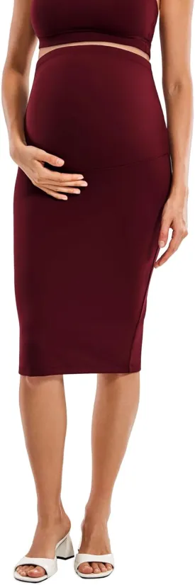 MOMANDA Women' s Maternity Skirt High Waist Midi Pencil Skirt with Slit Stretchy Pregnancy Casual