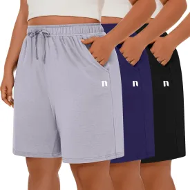 Neer 3 Pack Plus Size Women's Bermuda Shorts Cotton Drawstring High Waisted Casual Athletic Sweatpants Shorts with Pockets