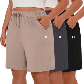 Neer 3 Pack Plus Size Women's Bermuda Shorts Cotton Drawstring High Waisted Casual Athletic Sweatpants Shorts with Pockets