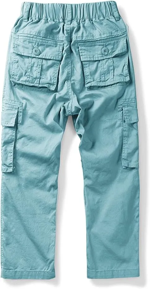 Phorecys Boys Pull on Cargo Pants Elastic Waist Casual Uniform Multi-Pockets Trousers