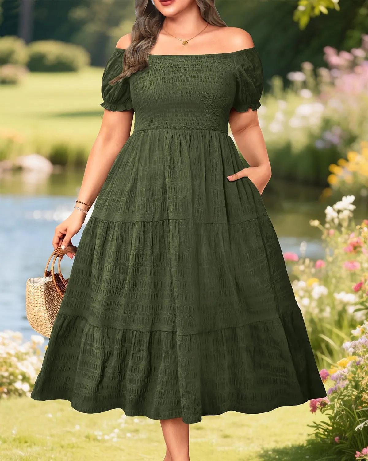 Pinup Fashion Plus Size Summer Dresses - Off Shoulder Casual Graduation Baby Shower Long Sun Dress with Pockets