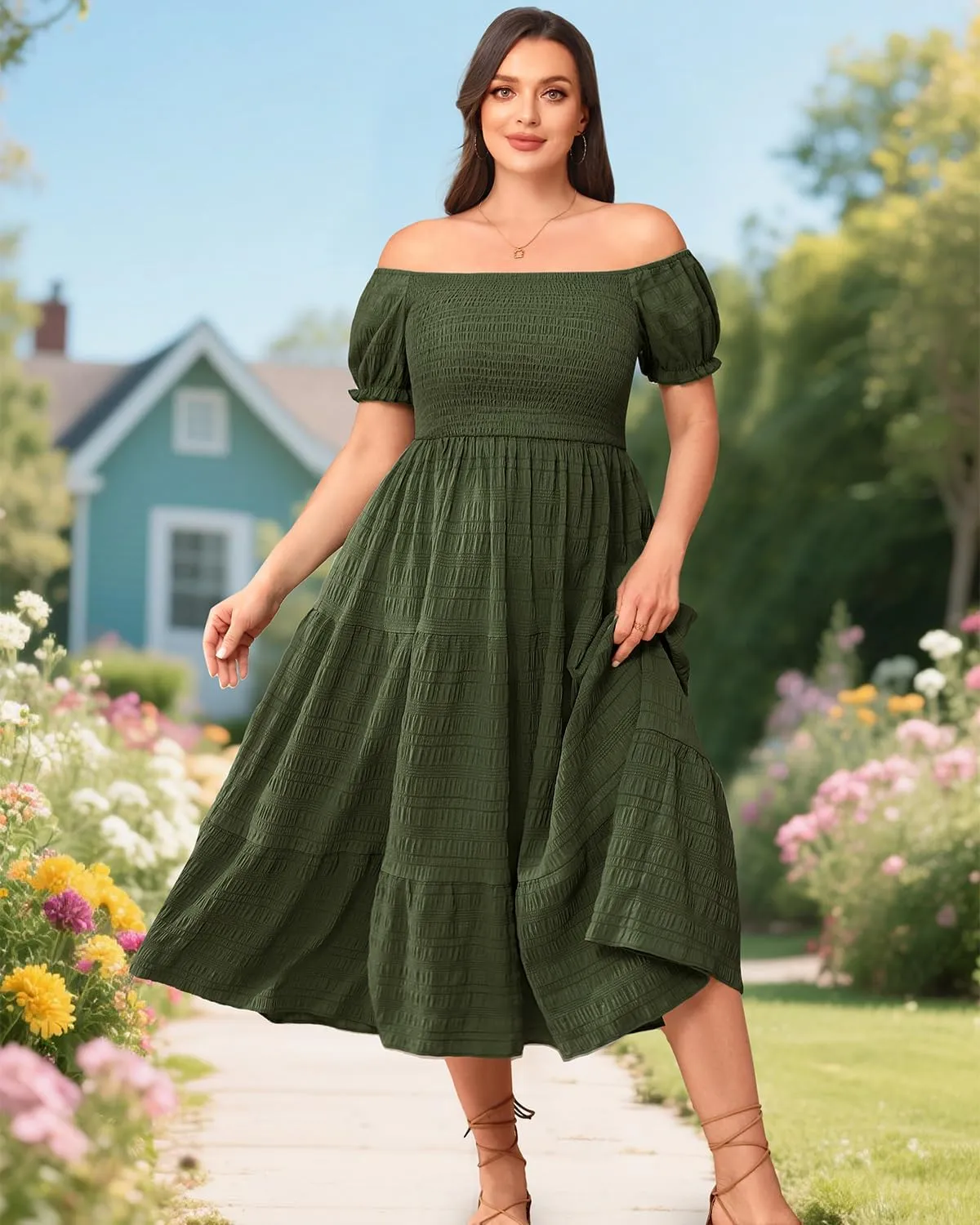 Pinup Fashion Plus Size Summer Dresses - Off Shoulder Casual Graduation Baby Shower Long Sun Dress with Pockets