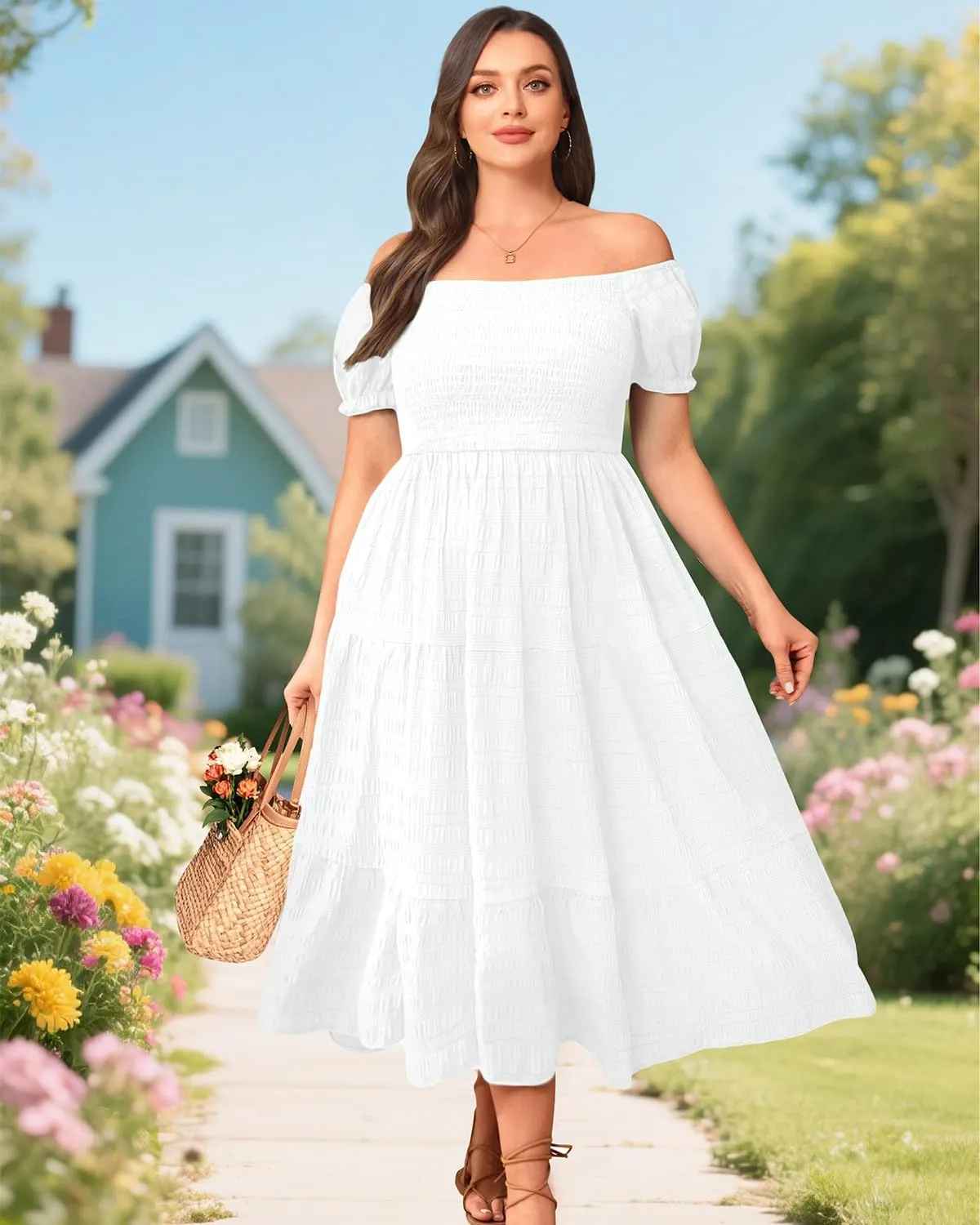 Pinup Fashion Plus Size Summer Dresses - Off Shoulder Casual Graduation Baby Shower Long Sun Dress with Pockets