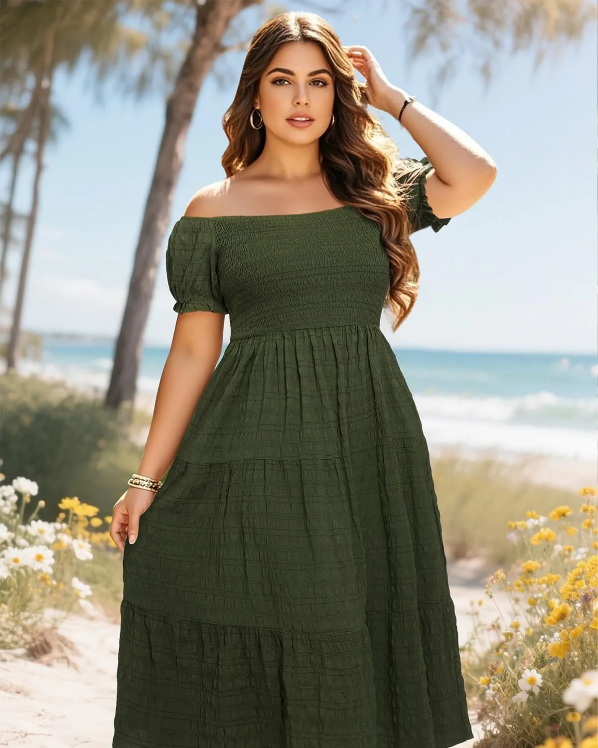 Pinup Fashion Plus Size Summer Dresses - Off Shoulder Casual Graduation Baby Shower Long Sun Dress with Pockets