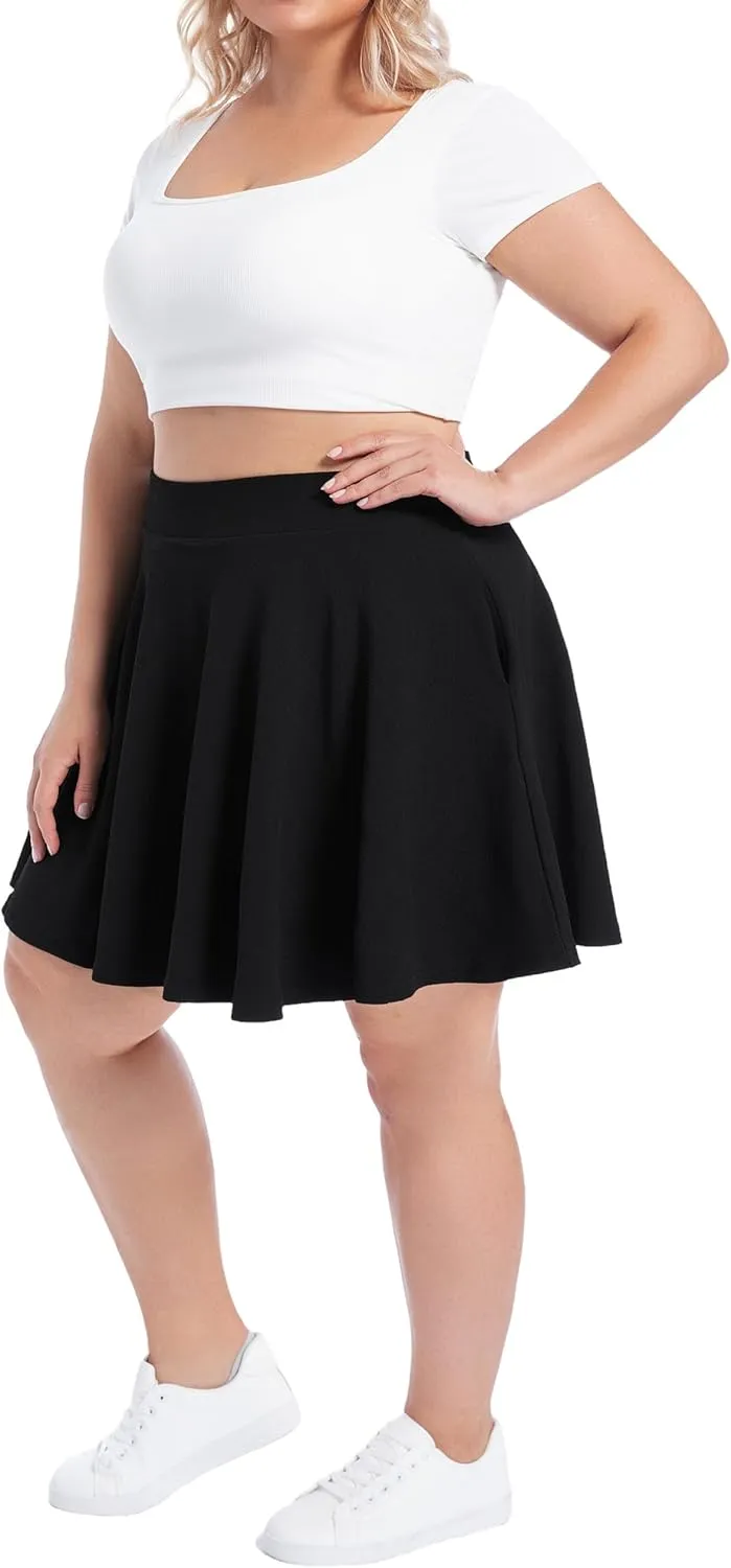 SEKINO Women's Plus Size Mini Skirts Basic Versatile Skorts with Pockets Stretchy Flared Pleated Casual Skirt Built in Shorts