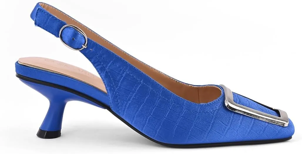 Slingback Kitten Heels for Women Closed Square Toe Low Heel Pumps with Metal Buckle Ankle Strap Heeled Sandals Dress Shoes for Work Date Daily Wear