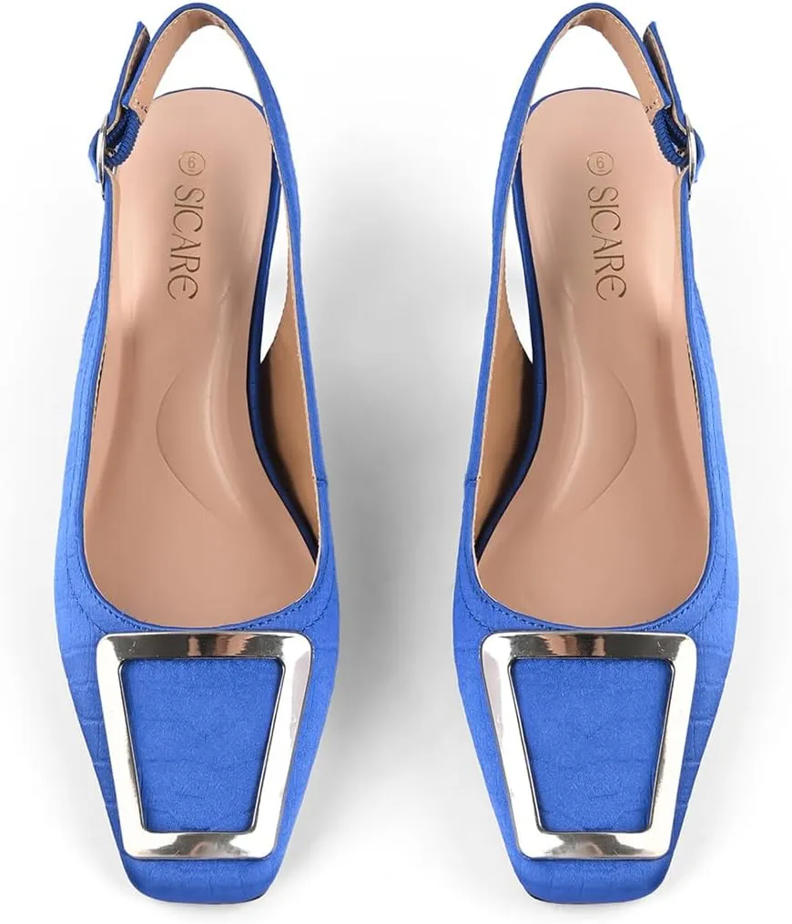Slingback Kitten Heels for Women Closed Square Toe Low Heel Pumps with Metal Buckle Ankle Strap Heeled Sandals Dress Shoes for Work Date Daily Wear