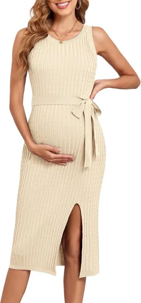 V FOR CITY Maternity Dress for Baby Shower Cable Knit Slit Pregnancy Dresses Casual Sleeveless Bodycon Pregnant Clothes