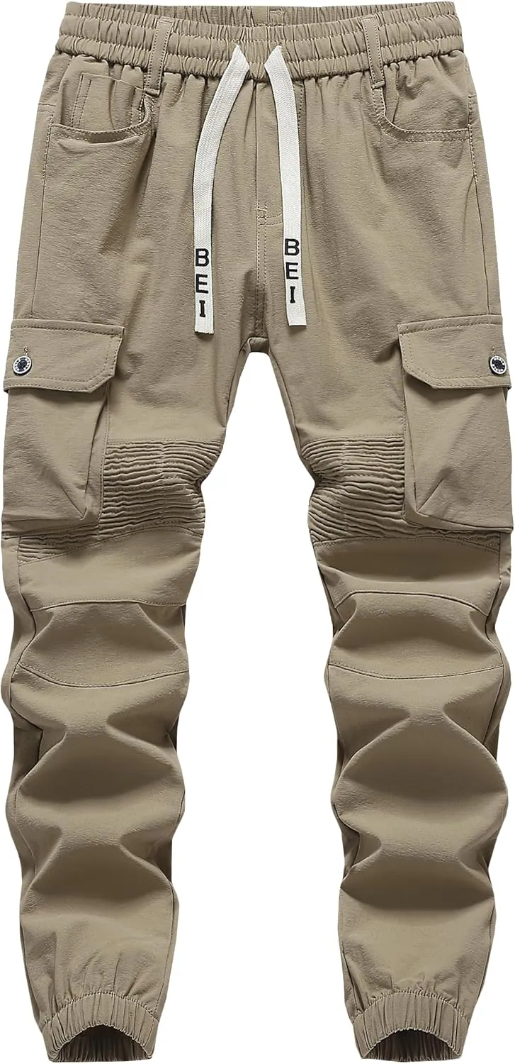 Vexalon Boys Cargo Joggers Pants Stretch Elastic Waist Drawstring Kids' Hiking Pants Youth Tapered Sweatpants 6 Pockets