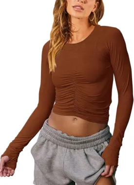 Vivitulip Womens Long Sleeve Shirts Basic Fall Ruched Slim Fitted Crop Tops Tight Athletic Blouse with Thumb Holes
