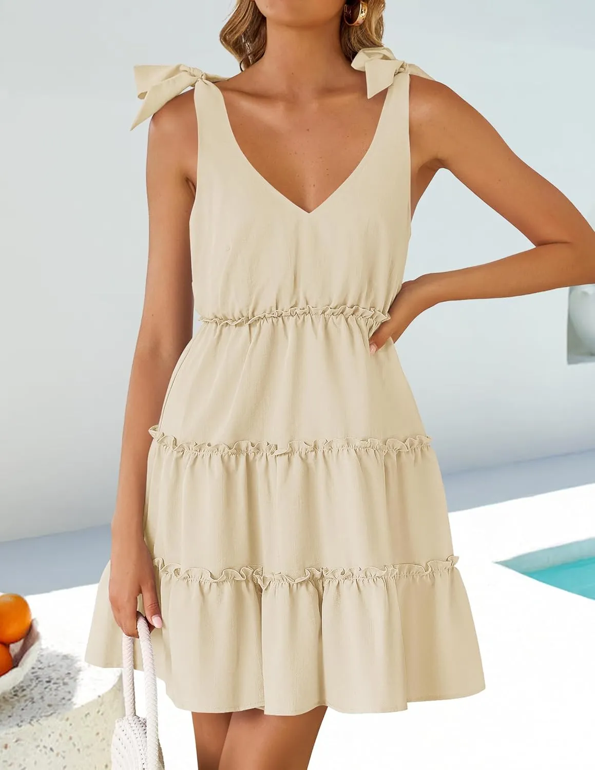 ZESICA Womens 2025 Summer Casual V Neck Sleeveless Mini Dress Tie Shoulder Tiered Ruffle Swing A Line Short Sundresses