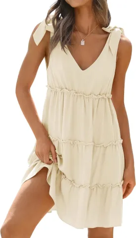 ZESICA Womens 2025 Summer Casual V Neck Sleeveless Mini Dress Tie Shoulder Tiered Ruffle Swing A Line Short Sundresses